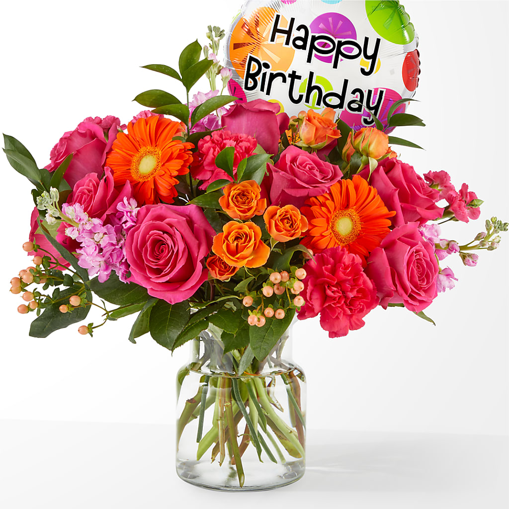 Fiesta Bouquet with Birthday Balloon – Micaelas Flowers And Gifts, Tulsa OK