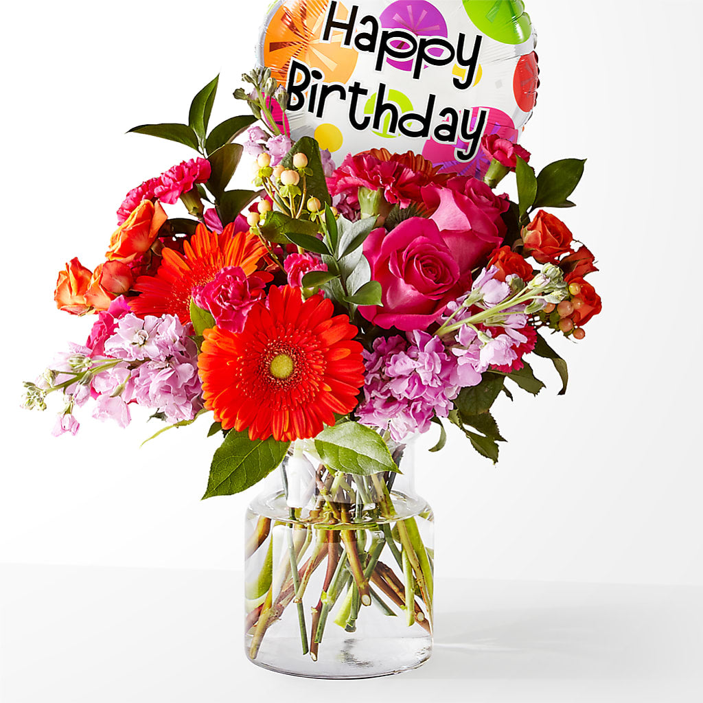 Fiesta Bouquet with Birthday Balloon – Micaelas Flowers And Gifts, Tulsa OK