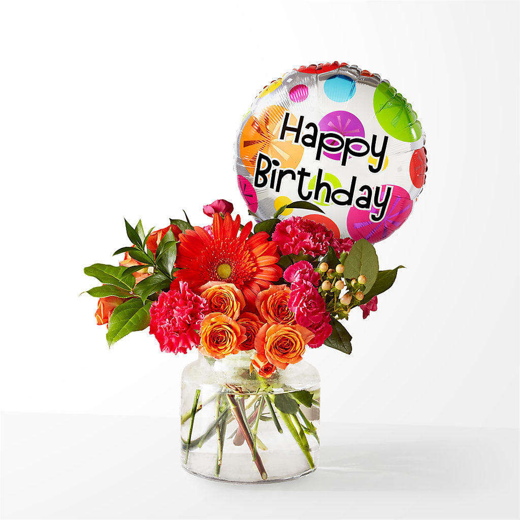 Fiesta Bouquet with Birthday Balloon – Micaelas Flowers And Gifts, Tulsa OK