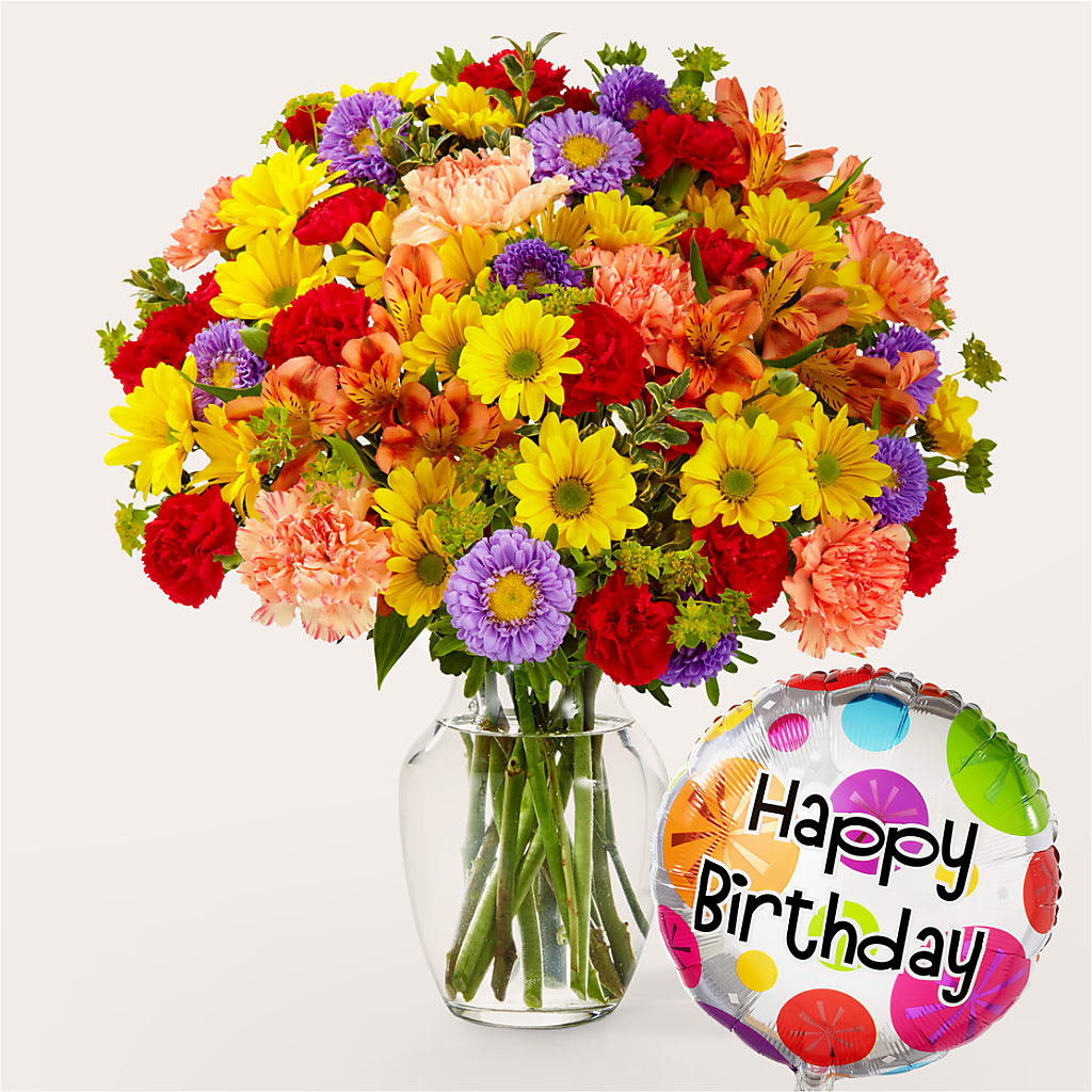 Kaleidoscope Bouquet with Birthday Balloon – Micaelas Flowers And Gifts, Tulsa OK