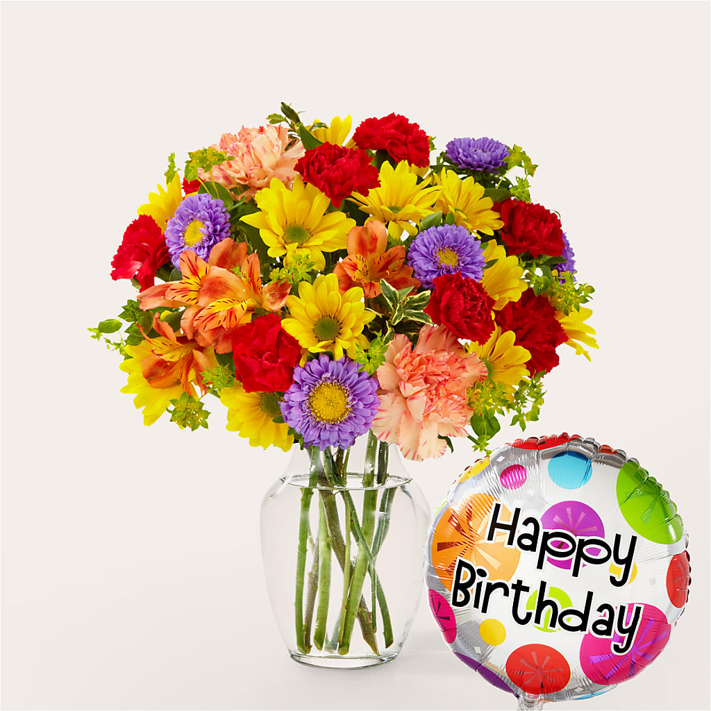 Kaleidoscope Bouquet with Birthday Balloon – Micaelas Flowers And Gifts, Tulsa OK