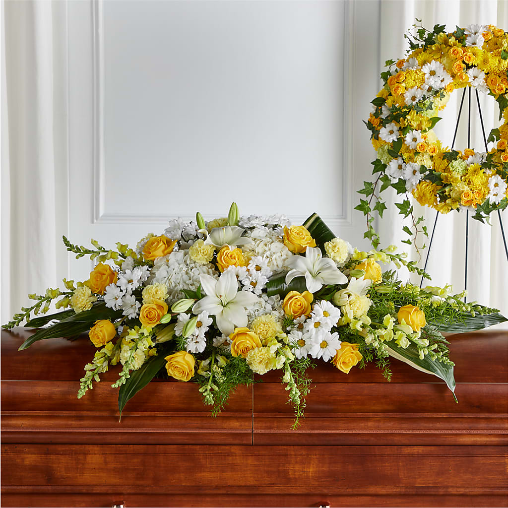 Golden Harmony Casket Spray – Micaelas Flowers And Gifts, Tulsa OK