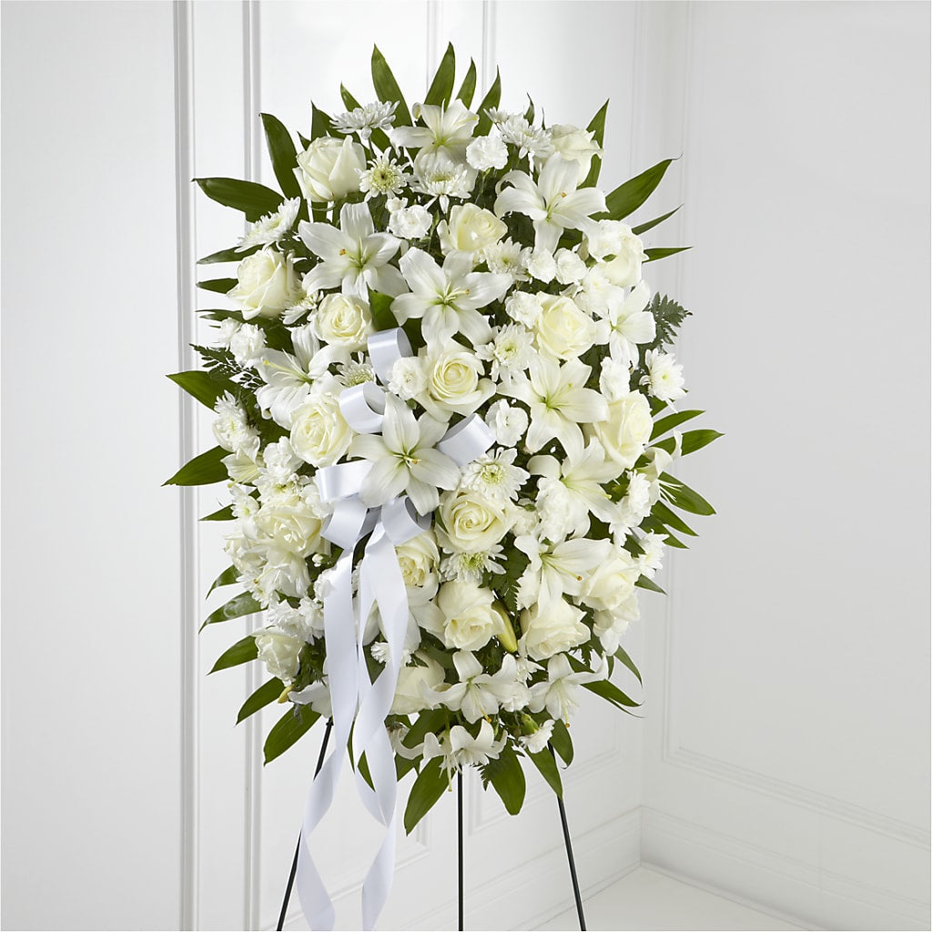Exquisite Tribute Standing Spray-White Ribbon – Micaelas Flowers And Gifts, Tulsa OK