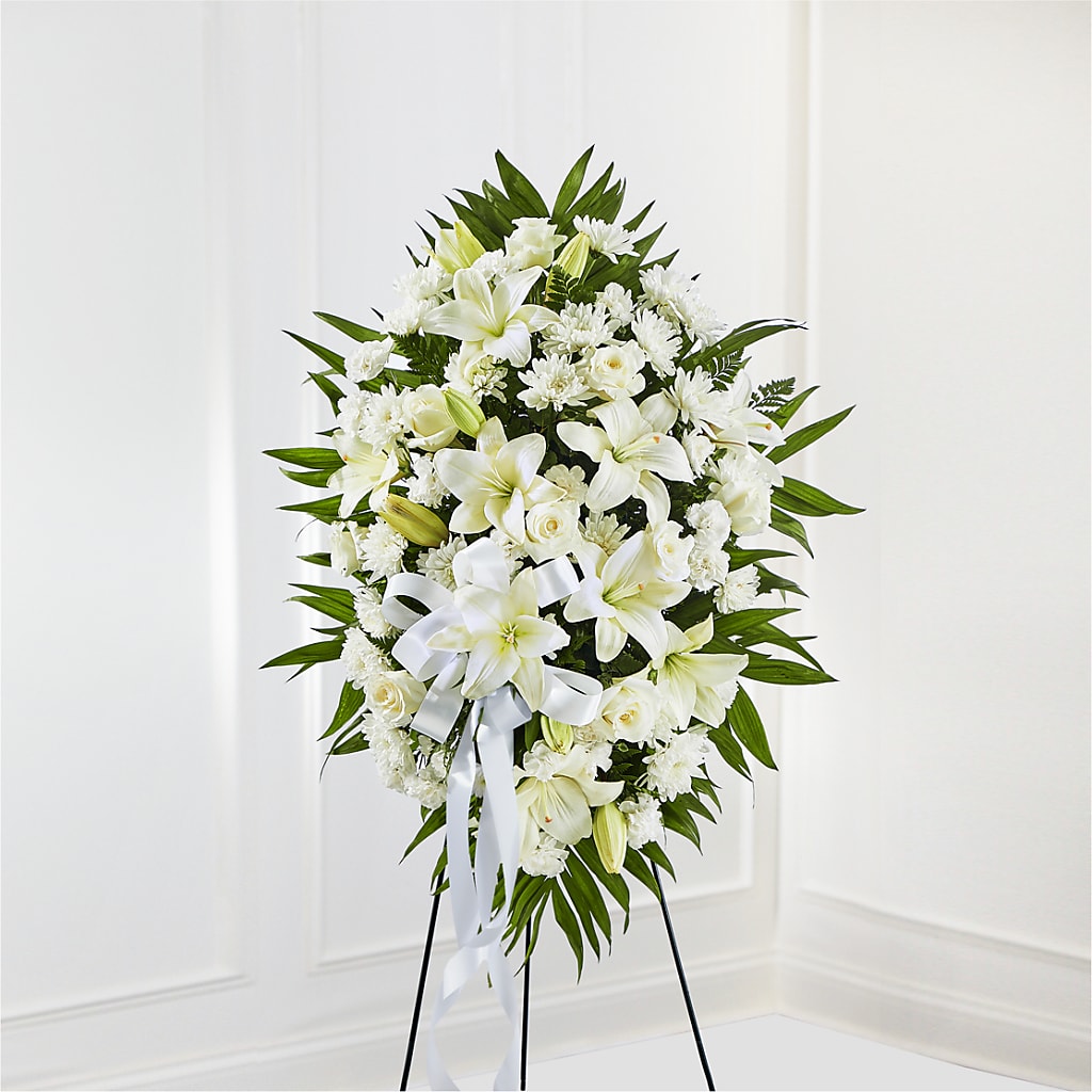 Exquisite Tribute Standing Spray-White Ribbon – Micaelas Flowers And Gifts, Tulsa OK